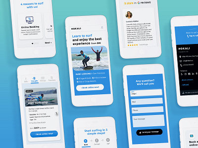 Surf landing page redesign cards cards design cards ui carrousel experience form landing page lessons mobile redesign san francisco stepper steps surf tabsicons ui ux writing uxui website