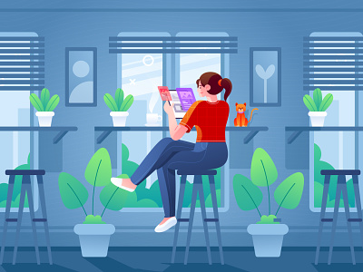 Read Anything and Anywhere cafe character flat illustration illustration illustrations landscape mood reading service vector illustration work working workspace