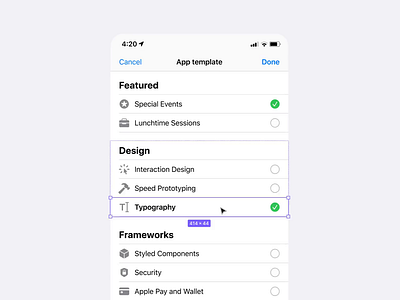 Settings mobile app template - Figma iOS design system app check design figma mobile options radio select selection settings stepper swtich templates toggle ui ui kit