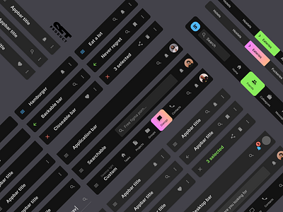 Material Design System Figma - Dark UI components android app app bar dark ui figma header material mobile navigation system templates ui kit web