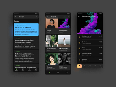 Navigation design template for Figma Material UI kit android app card cards dark design figma list lists material mobile music news player profile ui ui kit