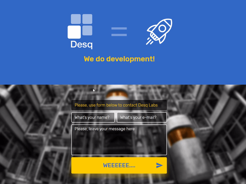 Desq Labs Temporary Page animation axure blue contact form css html page prototype rocket style yellow