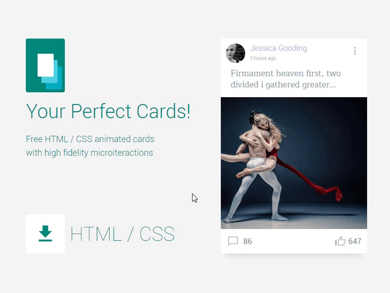 Free HTML / CSS animated cards with microinteractions