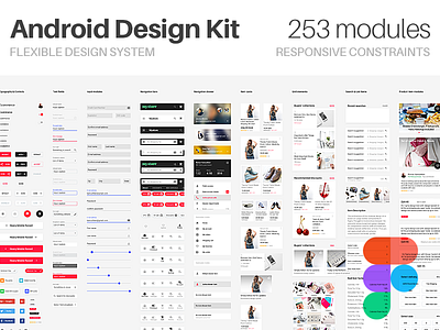 Android Design Kit for Figma. 253 material modules android app design ecommerce kit material prototyping shop shopify shopping system ui