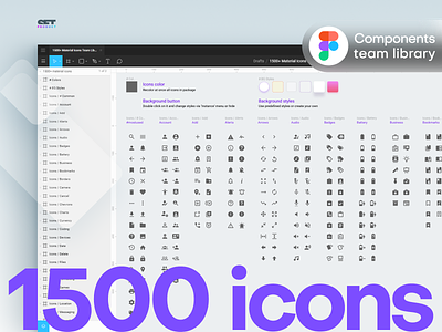 Figma icons team library. 1500+ components bundle component design system figma library material icons pack resizing set symbol team ui kit