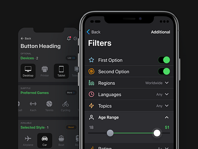 iOS dark design kit app card collapse design expand figma filter flat icon kit list mobile prototyping slider switch template templates ui ui kit ux
