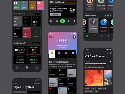 iOS Dark Design Kit For Figma app button cards dark dark app dashboard design developement figma finance grid ios layout mobile prototyping select template ui ui kit user