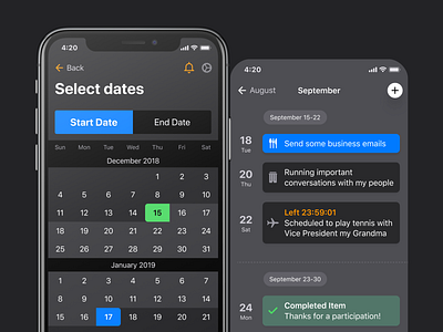 iOS Calendar UI Dark Mode app calendar date datepicker day design event figma ios mobile native picker planner range schedule templates ui ui kit