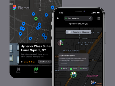 iOS Maps Design Templates app black card dark figma geo ios list location map maps mobile pin pop street template templates ui ui kit view