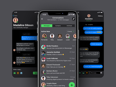 iOS Messages Dark UI add app button chat contact conversation dark design figma list mail material message mobile prototyping template templates ui ui kit userpic