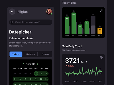 Mobile app template dark - S8 Figma UI kit android app calendar chart control dark dashboard design system figma ios line material mobile segmented tab tabs ui kit