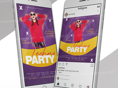 Techno Party Night - Instagram Post and Stories Template flyer psd flyer techno techno techno club party techno flyer techno flyer design techno music techno night techno party twerk instagram flyer twerk instagram post