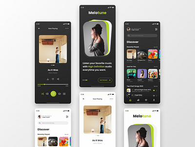 Melotune 🎵 - Music Player App app dark listening mobile mobile app music music app podcast uiux white