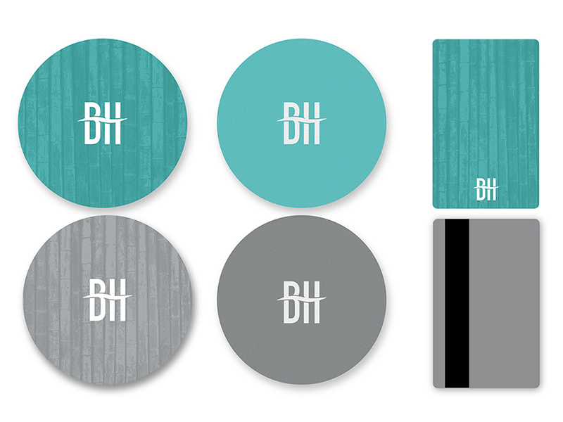 BeachHouse Collateral 2 water beach pattern brand branding logo hotel bamboo coaster keycard