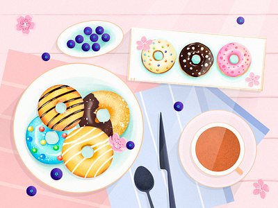 Afternoon tea 下午茶 咖啡 夏天 小清新 插图 插画 板绘 水彩 水果 甜品 甜甜圈 设计 食物