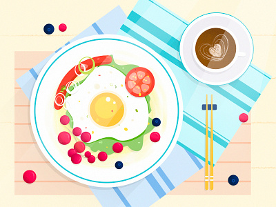Breakfast 咖啡 夏天 小清新 手绘 插图 文艺 板绘 水彩 水果 清新 火腿 番茄 设计 食物 鸡蛋