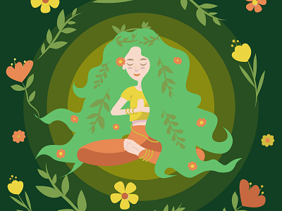 Unity with nature character design flat floral flowers goddess green hair harmony icon ilustration logo meditation nature powerful spring summer vector vector illustration yoga