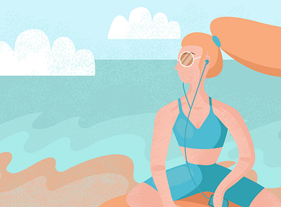 sporty gril art beach character design girl illustration meditation music ocean relaxing sea south sport summer vector vector illustration woman