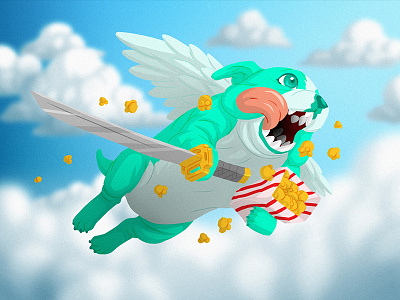 Random Flying Puppy with a Katana and Popcorn bulldog cartoon character design dog flying illustration katana popcorn puppy sky wings