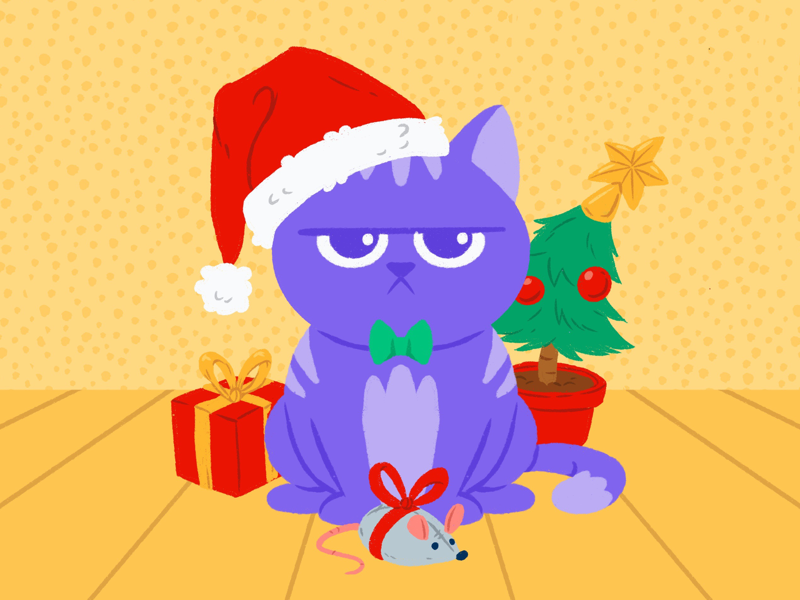 Podcat Loves Christmas. illustration grumpy present bow evergreen bow tie elf ornament mouse toy tree santa kitten cat winter holidays holiday xmas christmas