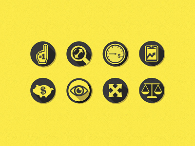 Website Icons clipboard dollar sign eye foam finger icons magnifying glass marketing piggy bank scale shadows website yellow