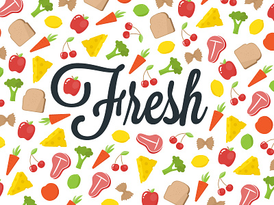 Fresh apple broccoli carrot cheese food fruit. veggies illustration lime meat pasta typography vegetables