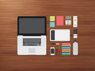 Desk Organized Neatly business cards desk iphone macbook neatly notebook pens post its wacom tablet