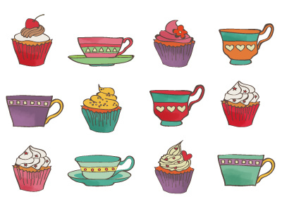 Teatime cakes coffee cupcake cups illustration tea teatime