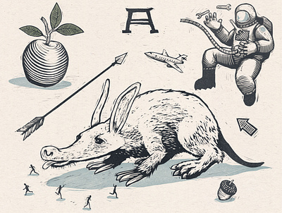 "A" Words aardvark acorn alphabet apple astronaut illustration linoleum woodcut