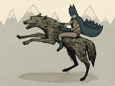 Batman & Gmork batman gmork illustration linoleum wolf woodcut