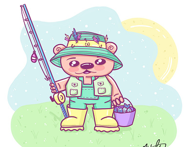 Fisherman bear caught some fish illustration ipad pro procreate sketch stickers