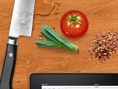 cutting board update ipad knife leek spice tomato water wood