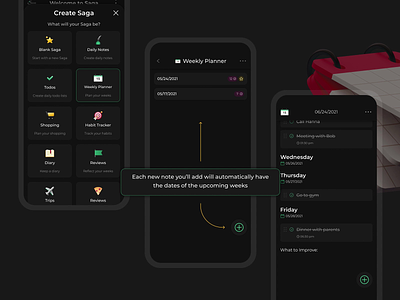 Dark Version of Saga Notes 3d animation app design figma figmadesign list mobile mobile app notes notes app planning productivity schedule todo todoapp ui ux weekly planning