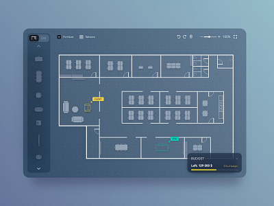 Office space creator app budget costs creator design desk floor plan furniture gojs multiplayer nodes office room sensors smart building space ui ux web