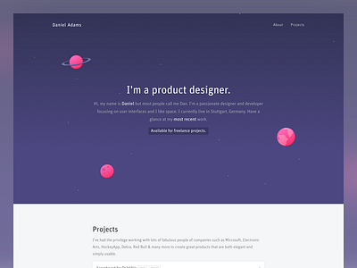 Portfolio in Space daniel adams developer mobile pink portfolio product designer purple ui ux web