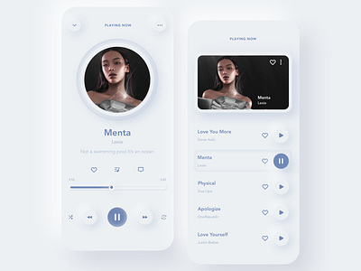 This is a concept design of a music interface 2020 trends app design light neumorphic ui