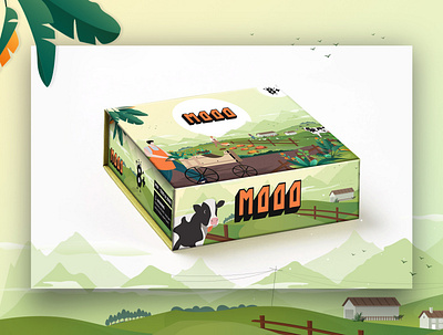 Mooo game packaging box packaging colourfull farm game design graphic design illustrations kids mountains product design vectors
