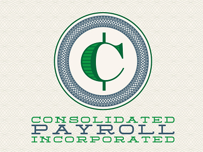 Consolidated Payroll Inc. Logo blue cents dollar bill green money typography
