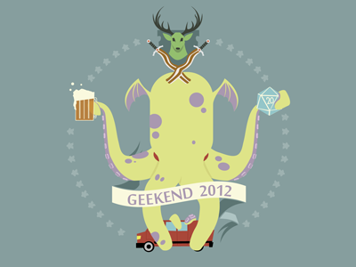 Geekend bacon sword beer cthulhu d20 illustration jägermeister meeple van