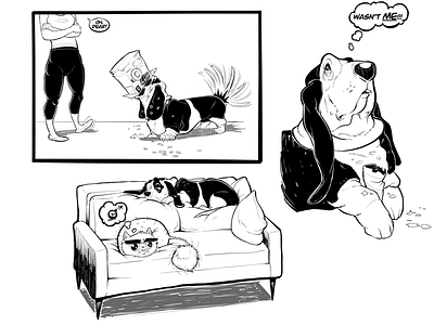 A Day In The Life....Of A Basset black and white illustration procreate