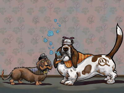 Pet Detectives!? basset hound dog illustration funny illustration illustration procreate sherlock holmes weiner dog