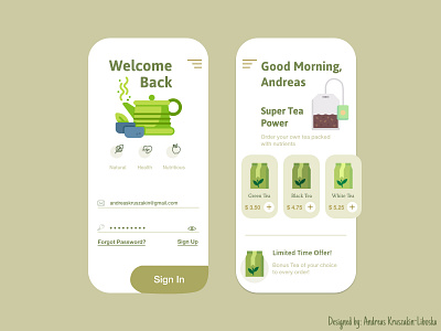 Tea App app app design application drink ecommerce floral food green herbs iphone iphone x leaf leaves mobile screen sign in tea uidesign uxdesign welcome