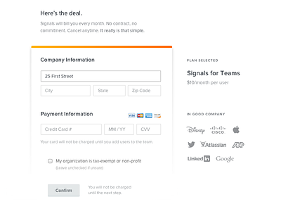 Signals for Teams Upgrade Form bill billing credit card form invoice pay payment plans pricing saas testimonials