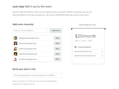 Signals - Manage Team Interface admin bill billing invites invoice manage receipt settings sharing team users