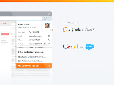 Promotional slide for Signals feature (1/2) browser cloud crm gmail gradient insights marketing resize sales sidebar sync users