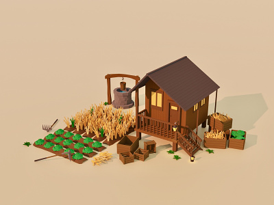 Farm and Sunset 3d 3d art agriculture blender blender3d building cabin cabins farming farmstead game art game asset gamedesign house illustration land low poly lowpoly lowpolyart well