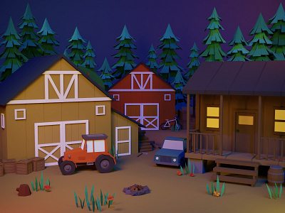 At the Barn 3d 3d art barn blender blender3d cars countryside design environment environmental farm game art game asset gamedesign illustration low poly lowpoly lowpoly3d lowpolyart night