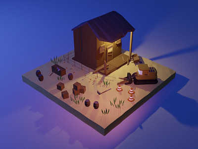 Broken Cabin 3d 3d art blender blender3d building bulldozer cone crate forest game art game asset gamedesign house illustration light lowpoly lowpolyart lowpolygon night woods