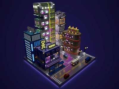 Cyberpunk City 3d 3d art building buildings bus car city digital game art game asset gamedesign illustration light magicavoxel night skyscraper vehicles voxel voxel art voxelart