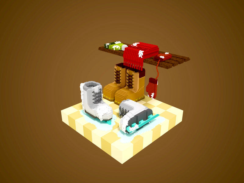 The corner ice snow floors shoes scarf entrance magicavoxel hat gloves boots ski winter gameart 3dart 3d voxel